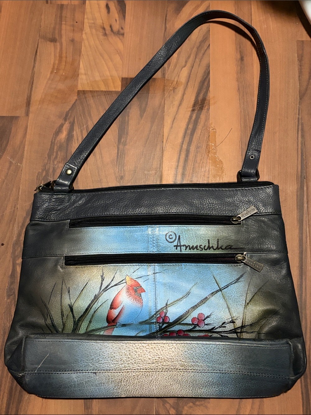 Anuschka Black Shoulder Bag with Painted Cardinal and Blue Accents